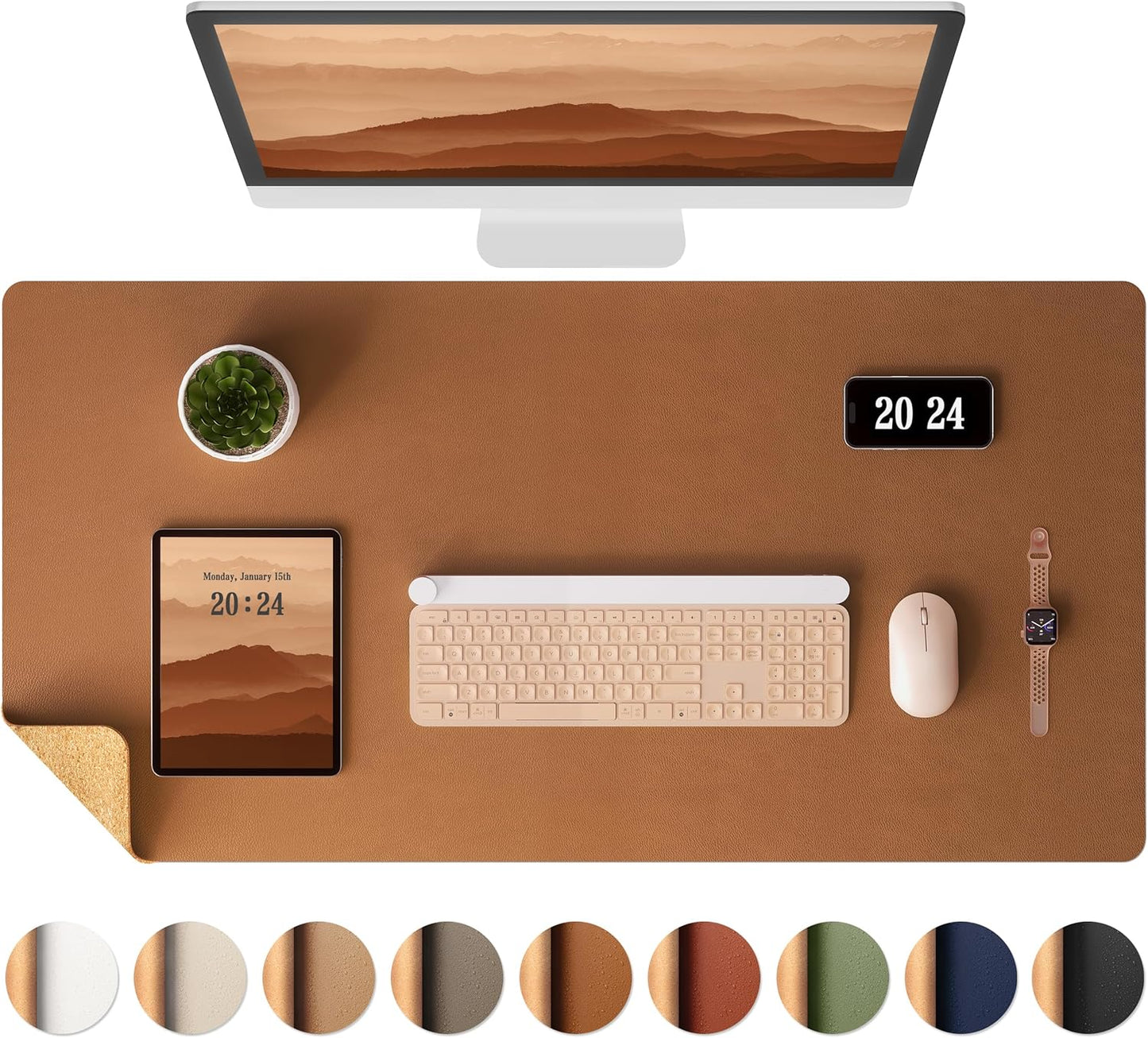 Aothia Double-Sided Desk Pad, 37.8"x17" Leather Desk Mat, Eco Cork Desk Pad Protector,Large Mouse Pad,Waterproof Desk Blotter for Office/Home(Brown)