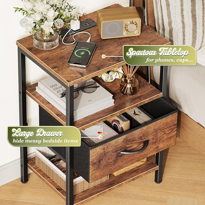 SUPERJARE Nightstand Set of 2 with Charging Station, USB-C Port, End Tables | Night Stand for Bedroom, with Adjustable Fabric Drawer, 3-Tier Storage Bedside Tables for Living Room, Rustic Brown
