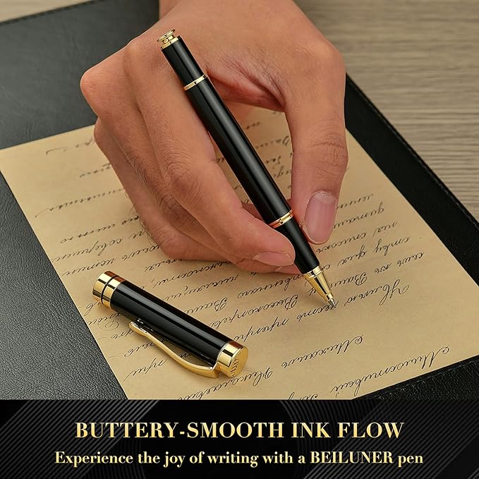 BEILUNER Personalized Ballpoint Pens, Stunning Black Chrome Metal Pen with Golden Trim, Best Ball Pen Gift Set for Men & Women, Executive, Office, Nice Pens-Gift Box with 0.5mm Black Extra Refill