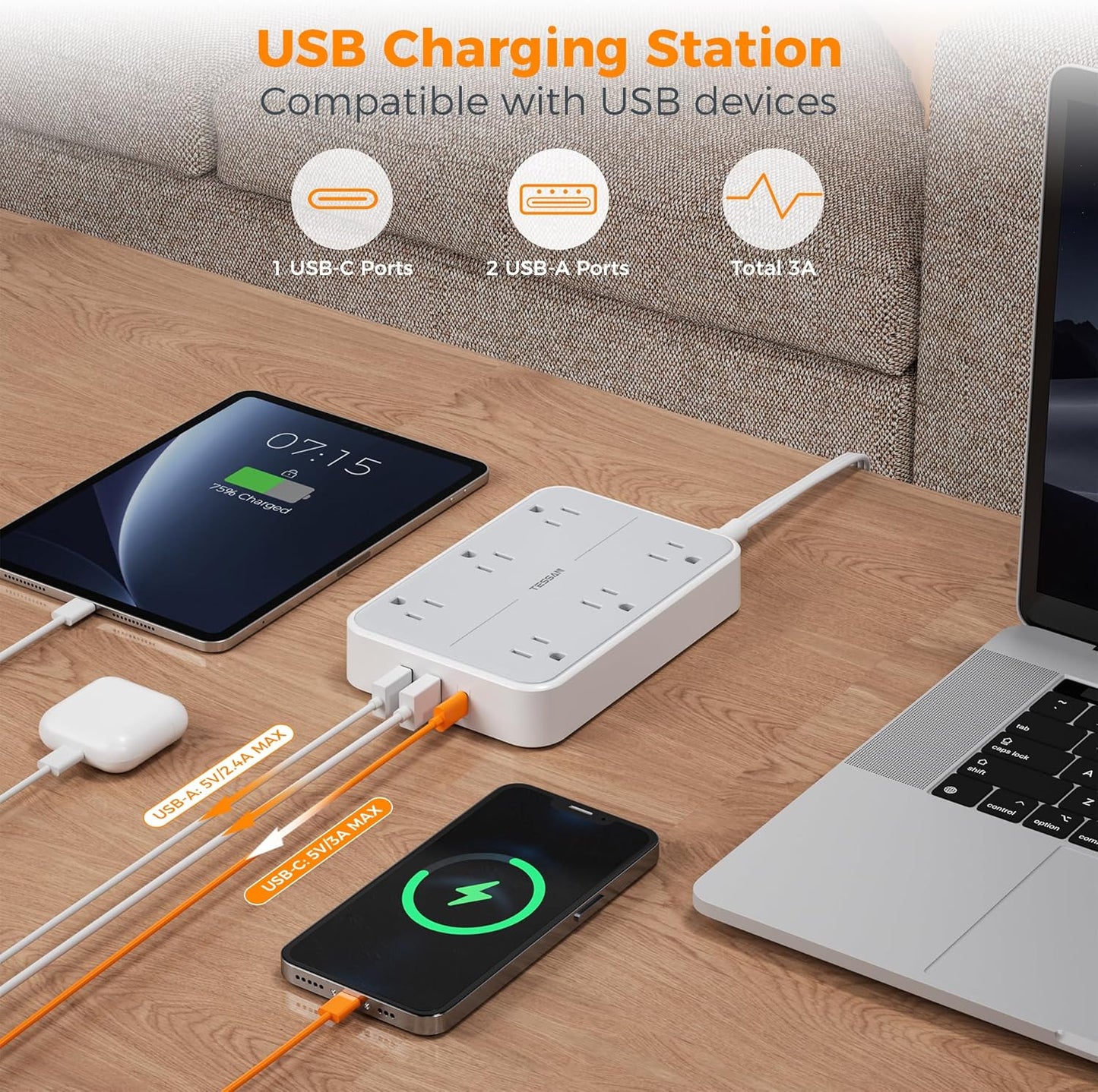 TESSAN Flat Extension Cord 10 FT with Flat Plug Power Strip, Small Extension Cord with 6 AC Outlet 1 USB C and 2 USB A, 1080J Surge Protector Power Strip, Wall Mount for Dorm Room Office Home
