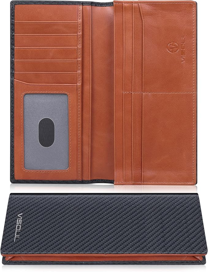 VISOUL Leather Checkbook Cover Wallet for Men with RFID Blocking, Mens Long Bifold Cash Tall Wallet with 11 Credit Card Slots 1 ID Window (Black+Orange)