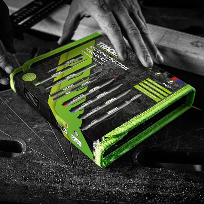 Tracer 8 Piece Construction Marker Kit - Carpenter Pencil Set | Deep hole marking pen, clog-free construction markers, 2.8mm leads, magnetic storage case