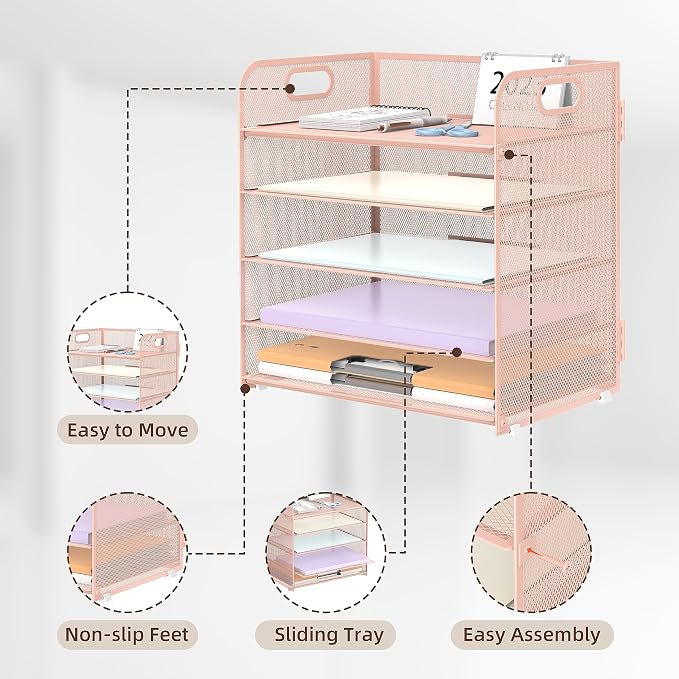 5 Trays Paper Organizer Letter Tray with Handle-Mesh Desk File Holders, Paper Sorter Desk Organizer for Office, Home, Classroom or School, Pink