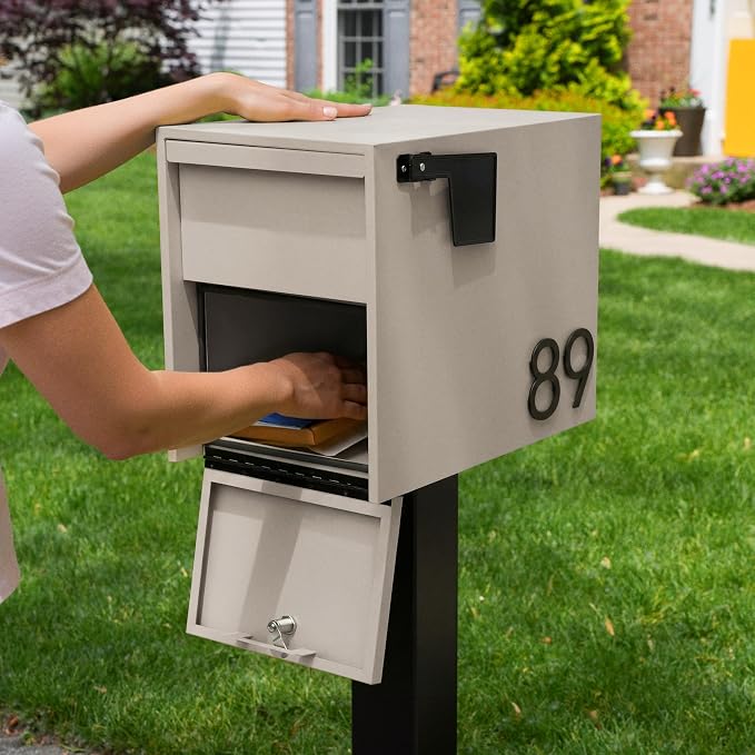 Adoorn Lockable Post Mount Mailboxes for Outside - Large Anti-Theft Locking Mailbox for Packages and Letters - Weatherproof Construction - Durable Steel - 15.5" H x 12" W x 18.5" D - Sandstone
