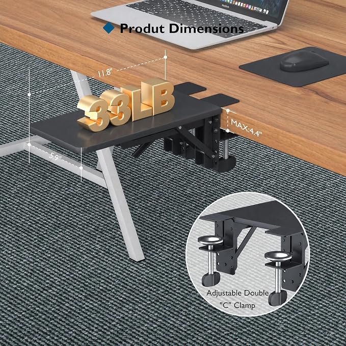 BONTEC Desk Extender Tray, 11.8 x 5.9 Inch, Black Pattern | 90° Foldable Elbow Support, Table Mount Arm Wrist Rest Shelf, Clamp on Computer Arm Rest, Easy to Install, Office & Home Use