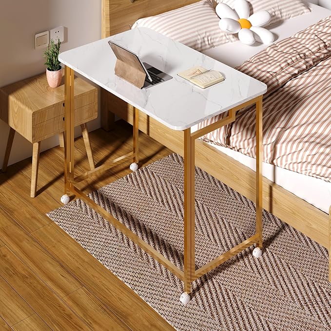 4NM 31.5" Mobile Small Rolling Computer Desk, Folding Laptop Cart Table with Wheels, Portable Office Desk for Small Space Couch Bed - White and Golden