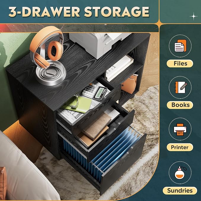 DEVAISE 3-Drawer Wood File Cabinet, Mobile Lateral Filing Cabinet, Printer Stand with Open Storage Shelves for Home Office, Black | Mobile Printer Stand, Open Storage Shelves, Letter & A4 Compatible, Wood, Home Office
