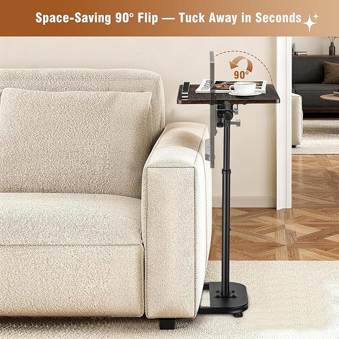facka Adjustable Height TV Tray Table for Couch Eating, Laptop Small Spaces | C Shaped Flip-Top Couch Table, 9-Level 20-31 in Height Range, Rounded Corners, Sofa Side Table Brown