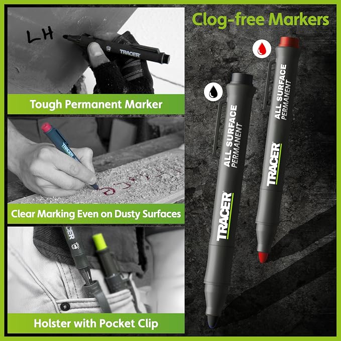 Tracer Marking Kit - Deep Hole Pencil, ALH1 Lead set and 2 Clog Free Markers with Holsters. Construction pencil & Marker set | Deep hole pencil with lead set, 2 clog-free markers in black and red, belt holsters included