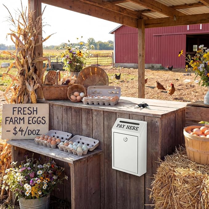 Yaocom Safe Metal Cash Box for Farm Stand – Money Drop and Secure Donation Collection, Wall Mount Lockable Unit with Pre Drilled Holes for Outdoor Self Serve(White,10.2 x 5.7 x 2.8 Inch)