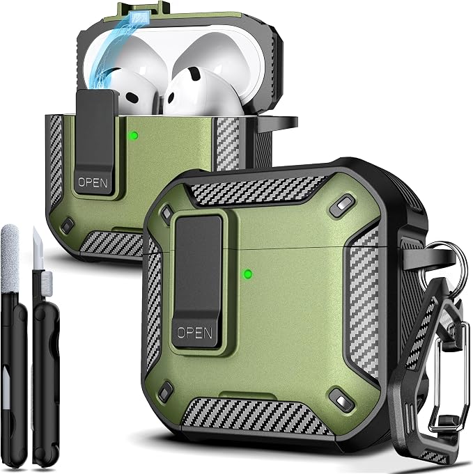 for AirPods 4 Case with Lock Magnetic Lid MagSafe, Military Green | Compatible with Apple AirPods 4th Generation Protective Case with Cleaner Kit & Carabiner, Powerful Drop Protection