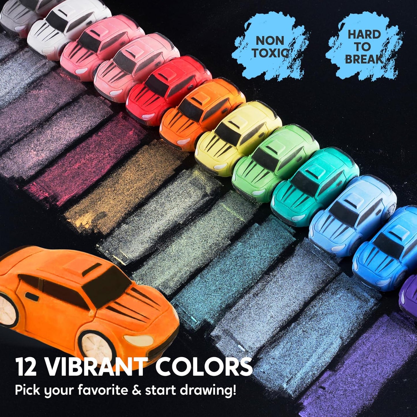 JOYIN 24PCS Race Car Sidewalk Chalk Bulk, Party Favors for Kids, Non Toxic Washable Jumbo Chalk,Toddler Outdoor Toys, Individually Wrapped, Birthday Gifts, Outside Toys (12 Colors)