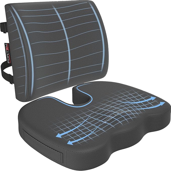 FORTEM Seat Cushion, Office Chair Cushion, Lumbar Support Pillow for Office Chair, Memory Foam Car Seat Cushions, Sciatica Coccyx Tailbone Pain Relief, Cushions for Back Support, Washable, Non Slip