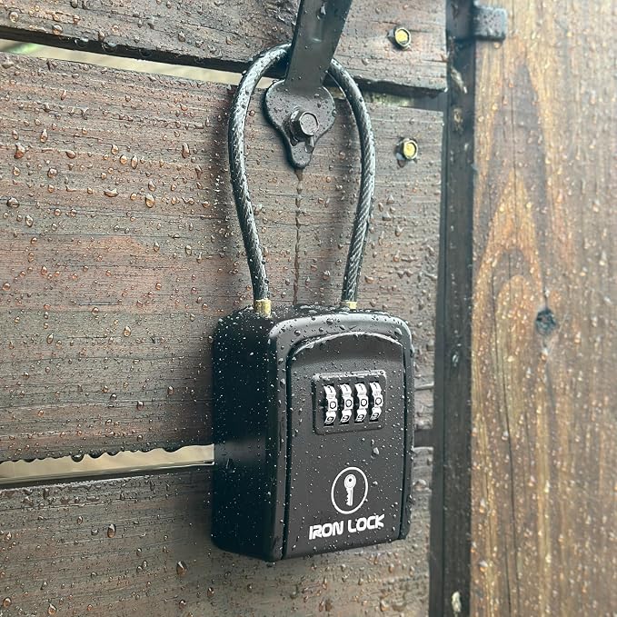 Iron Lock® Key Lock Box with Code, Portable Cable Shackle (Small, Black) | Holds 2-3 house keys or an access card; 11-in steel cable loops on gate or rail; weather-resistant; no app or battery