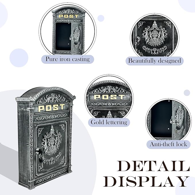 Vintage Lockable Wall Mount Mailbox, Heavy Duty Cast Aluminum Mail Box, Weatherproof Decorative Post Box for Outside, Antique Silver Finish, Large Capacity
