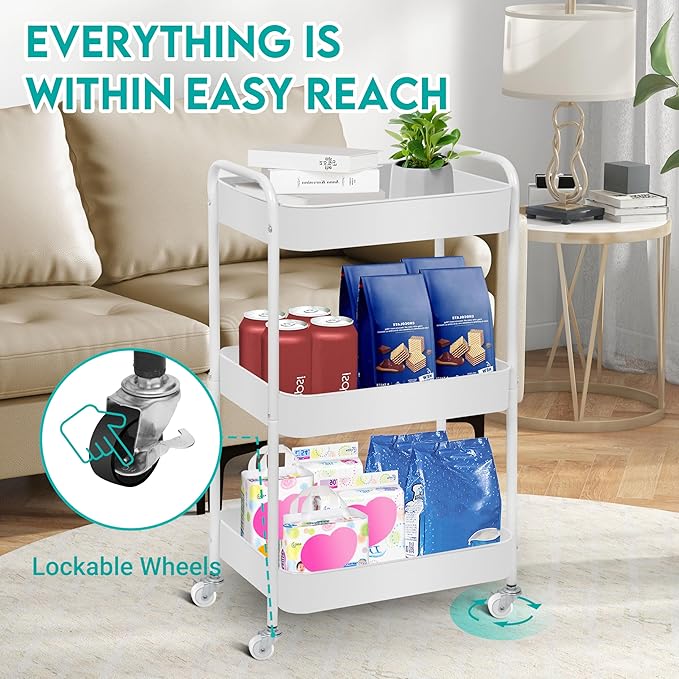 ZOES HOMEWARE 3 Tier Metal Rolling Cart on Wheels,Heavy Duty Utility Cart | Sturdy 3 Tiered Rolling Storage Cart With Hooks, Great For Craft, Art Workspace, Kitchen ,Snack And Office Storage, White