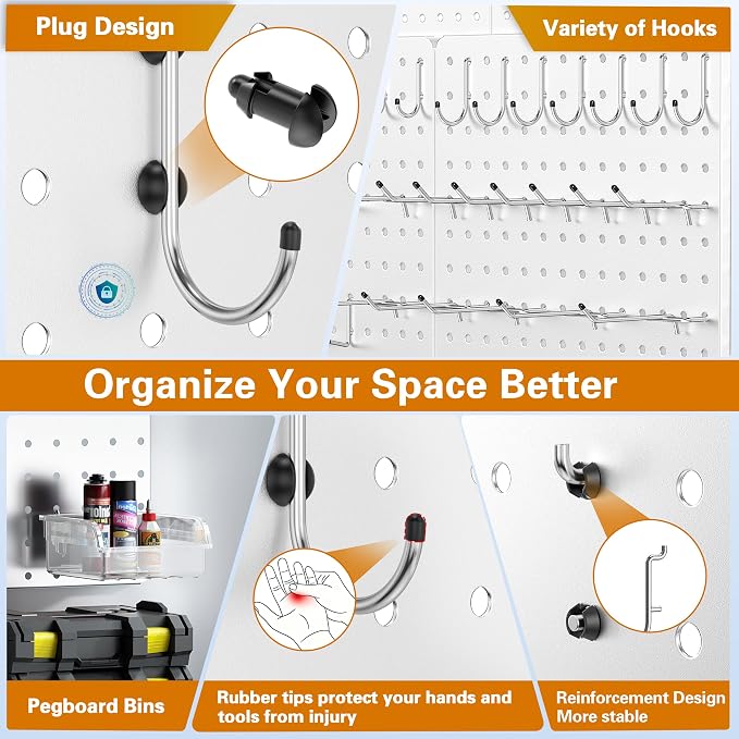 Peg Board, 110pcs Metal Pegboard Kit, Includes 4 Pack White Peg Board Panels with Accessories and Hook Locks, Large Heavy Duty Peg Boards for Walls Home, Garage Tool Storage, Workbench
