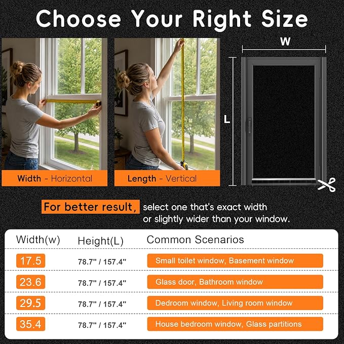 Blackout Window Privacy Film, Removable Window Cover Static Cling, Darkening Light Heat Blocking, Window Tint for Home Garage Bedroom Day Sleep, Black 29.5 Inch * 78.74 Inch
