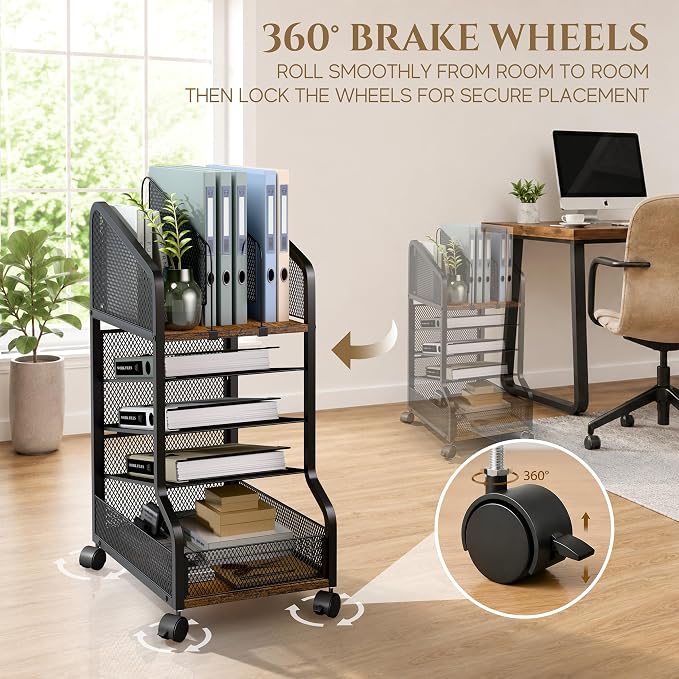 Rolling File Cart Under Desk Storage and Organizers 5-Tier Black | Small Filing Cabinet with Adjustable Dividers and Lockable Wheels, Under Desk File Organizer for Home, Office