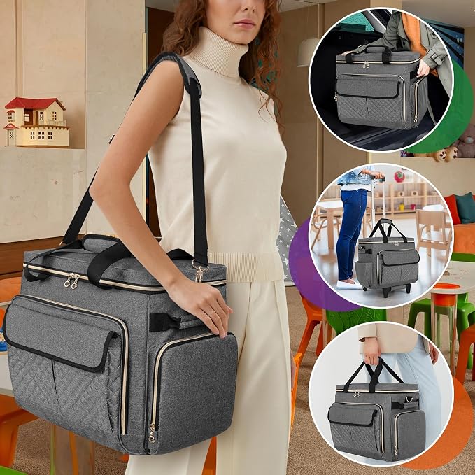 LUXJA Rolling Teacher Bag with Wheels and 15.6" Laptop Compartment, Gray | Rolling Briefcase for Women with Accordion File Area, Teacher Tote Bag for Work with Detachable Dolly and Shoulder Strap