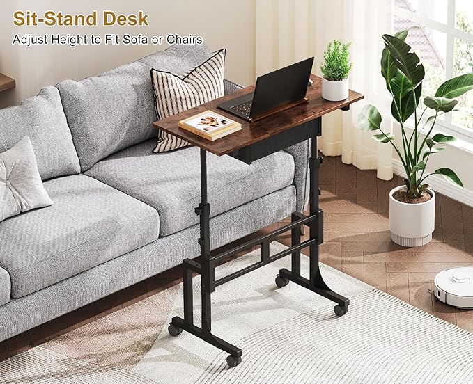 Adjustable Height Standing Desk With Drawer, Rolling Sit Stand Up Desk With Wheels, Small Sit To Stand Computer Desk, Adjustable Desktop Height, On Wheels, Brown, For Walking Pad Laptop Treadmill