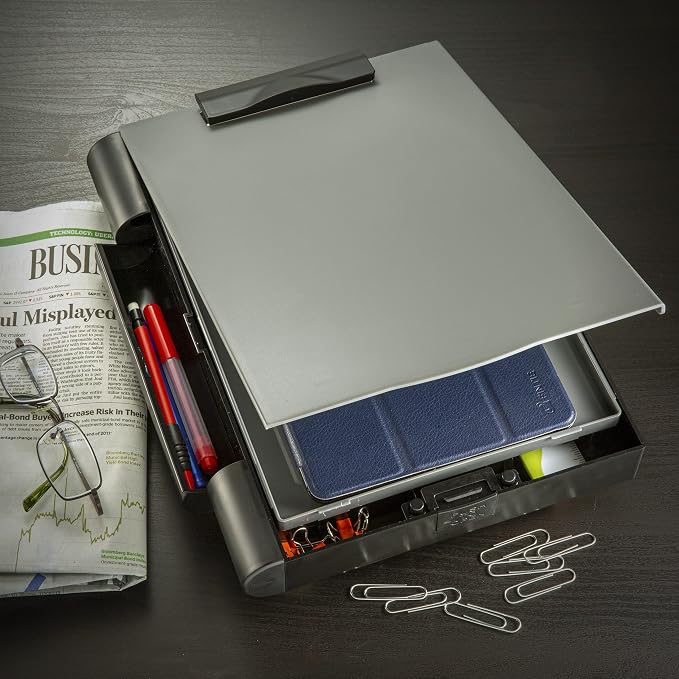 Officemate Double Storage Clipboard, Form Holder with 2 Compartments, Magnetized Storage, Pen Holder & Clip, Letter Size, Recycled Plastic, Gray/Black (83357)