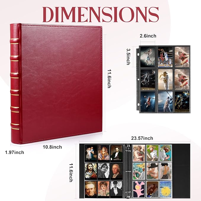WOT I Vintage Leather Card Binder | Holds 540 Cards, Refillable Leather 3 Ring Binder for MTG/TCG/Sports Cards, Elegant Book-Style Organizer - Red