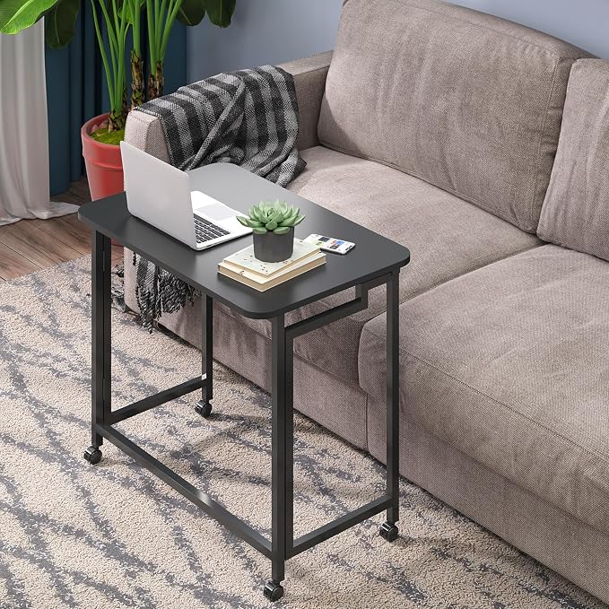 4NM 23.6" Mobile Small Rolling Computer Desk, Folding Laptop Cart Table with Wheels, Portable Office Desk for Small Space Couch Bed - All Black