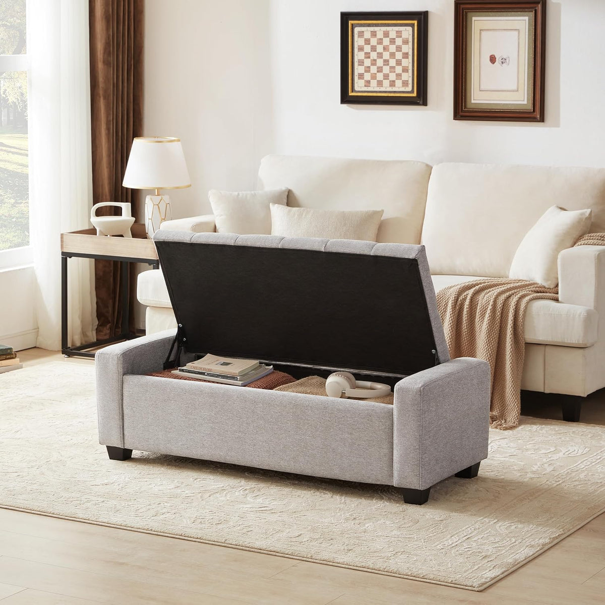 48" Ottoman with Storage, Storage Ottoman Bench with Safety Hinge, Upholstered Entryway Bench with Seating for Bedroom, Living Room, Holds up to 330 lb(Light Gray)