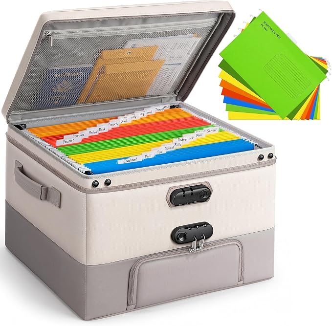 Fireproof Document Box with 2 Locks, 10 Hanging File Folders | Large-Capacity Family Filing System for Organizing Estate Planning, Emergency Preparedness and Home Office Important Document