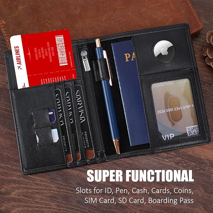 STAR VISTA Phoenix Leather Passport Holder, Calfskin Travel Wallet - RFID Blocking, ID Window, Zipper Pocket, Pen & Notebook Included, AirTag Holder, Black