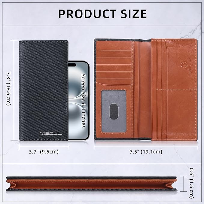 VISOUL Leather Checkbook Cover Wallet for Men with RFID Blocking, Mens Long Bifold Cash Tall Wallet with 11 Credit Card Slots 1 ID Window (Black+Orange)
