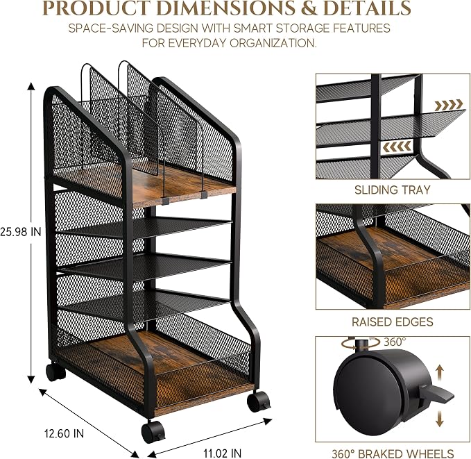 Rolling File Cart Under Desk Storage and Organizers 5-Tier Black | Small Filing Cabinet with Adjustable Dividers and Lockable Wheels, Under Desk File Organizer for Home, Office