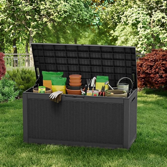 Vixzen 121 Gallon Waterproof Large Deck Box, Lockable Resin Outdoor Storage Box with Hydraulic Lid, Durable Storage Bin for Patio Furniture Cushions, Garden Tools, Pool Accessories, Black