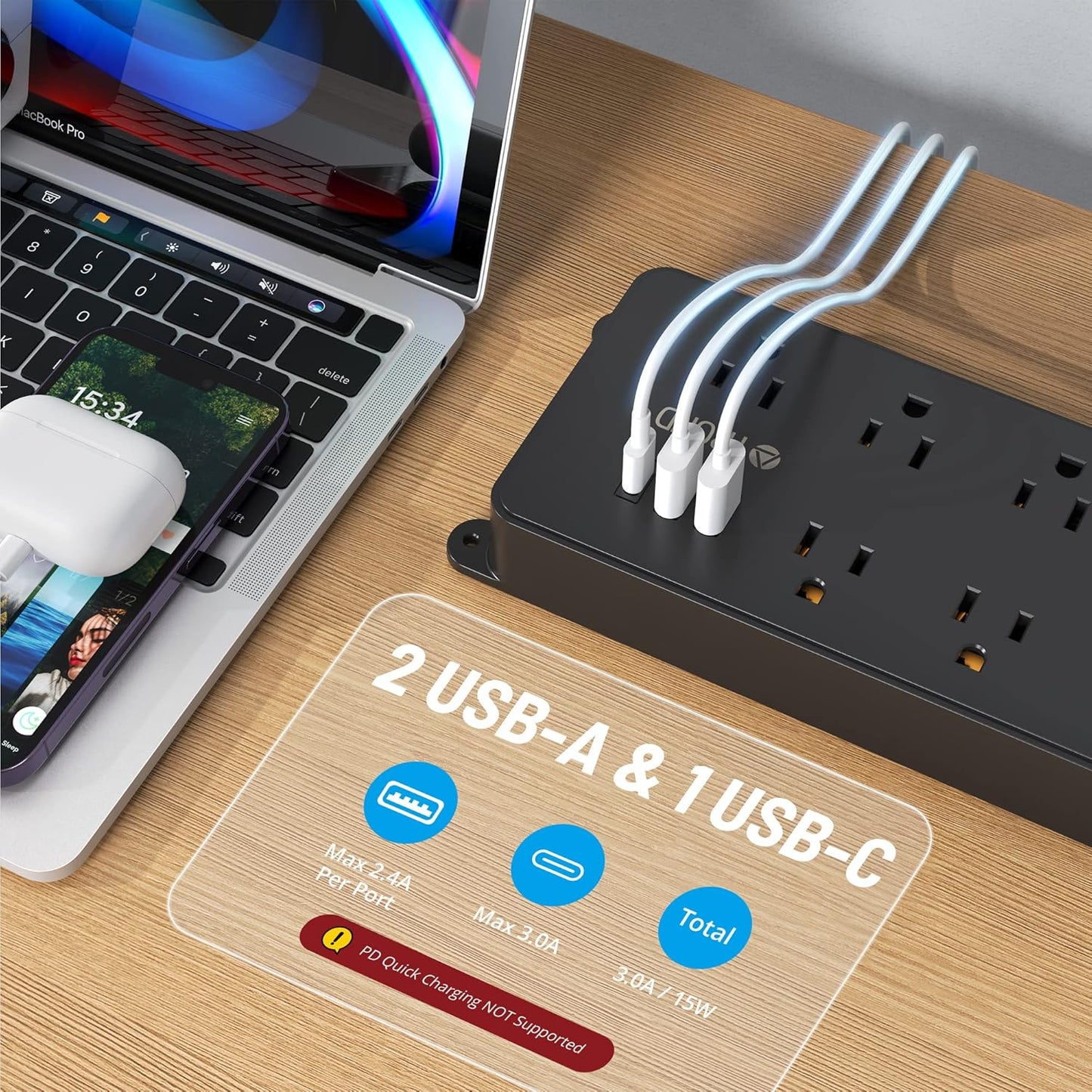TROND Power Strip Surge Protector, 7 Widely-Spaced Outlets, 2 USB-A & 1 USB-C, ETL Listed, Flat Plug 5ft Extension Cord, Wall Mountable, 1700J, 14AWG Heavy Duty, for Home Office Garage, Black