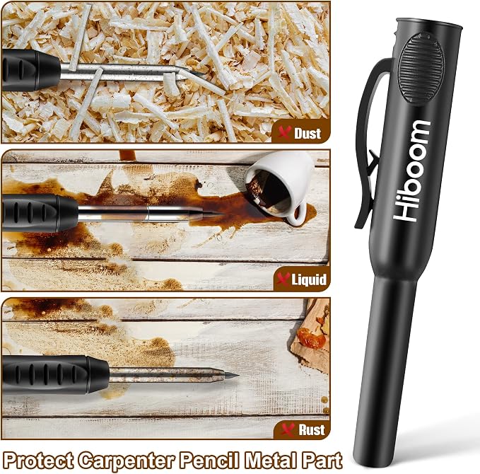 Hiboom 2 Pack Carpenter Pencils with Pencil Cap and 18 Refills, Black | Mechanical Pencil, Deep Hole Marking, Built-In Sharpener, Long Nose Tip, Pocket Clip, Marks Many Surfaces, Woodworking Use