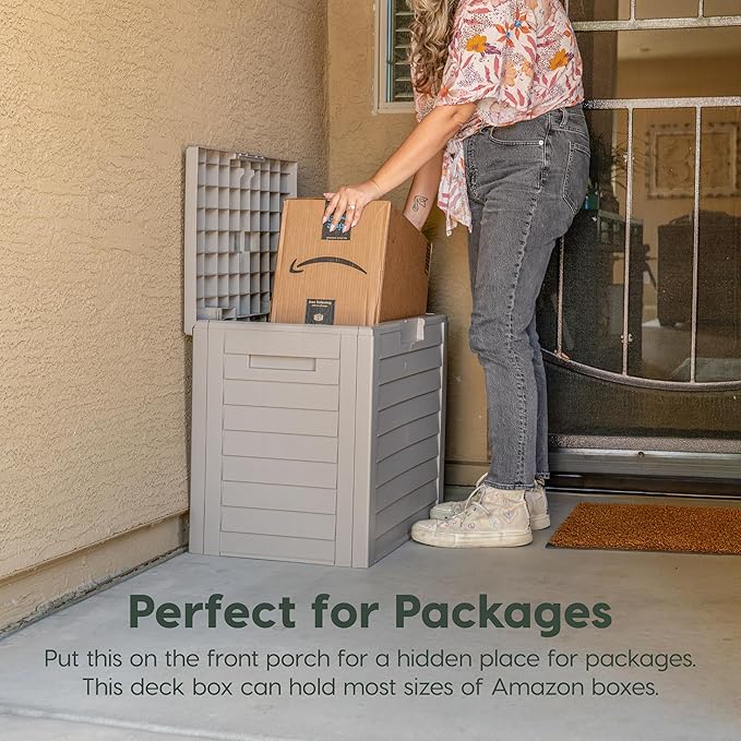 IRIS USA 35 Gallon Outdoor Deck Box, Lockable, Weather-Resistant, Beige | UV-Protected, Waterproof Resin, Patio Storage for Cushions, Garden Tools & Packages
