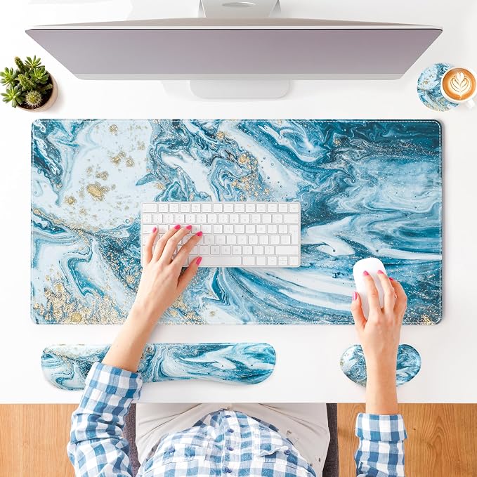 QIYI PU Leather Desk Mat Set, 4-in-1 Ergonomic Wrist Rest, Blue Marble | Waterproof Large Mouse Pad 31.5×15.7 + Keyboard Wrist Rest + Mouse Wrist Support+Coaster, Non-Slip Office Gaming Accessories