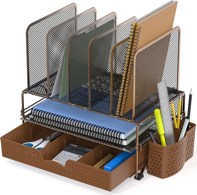 Simple Houseware Desk File Organizer for Office Supplies w/Drawer, Copper | Double Tray, Pencil Holder, and 5 Upright Sections with Sliding Drawer
