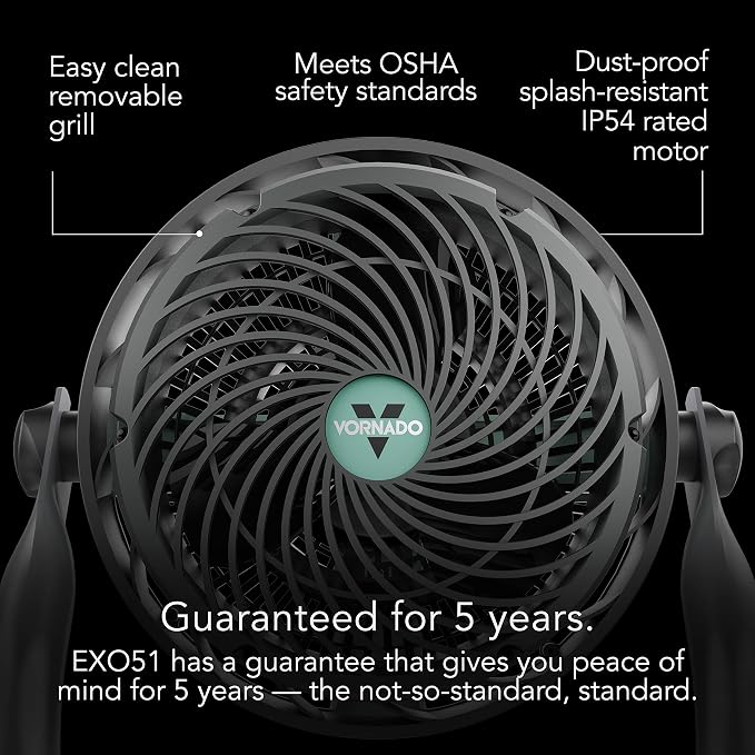 Vornado EXO51 Small Heavy Duty Air Circulator, 3-Speed High Velocity Shop Fan, Dustproof and Water-Resistant, Powerful Motor, Industrial High Impact Case, Whole Room Air Circulator, Green