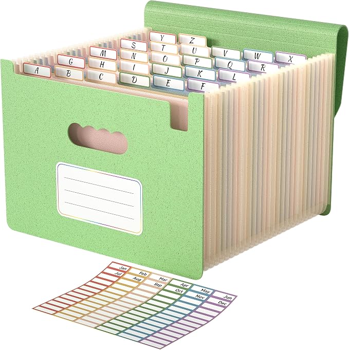 ABC life 26 Pockets Accordion File Organizer, Meadow Green | Expanding File Folder for Letter/A4 Size, Portable Document Holder with A-Z Tabs for Tax Receipt, School, Home, Office
