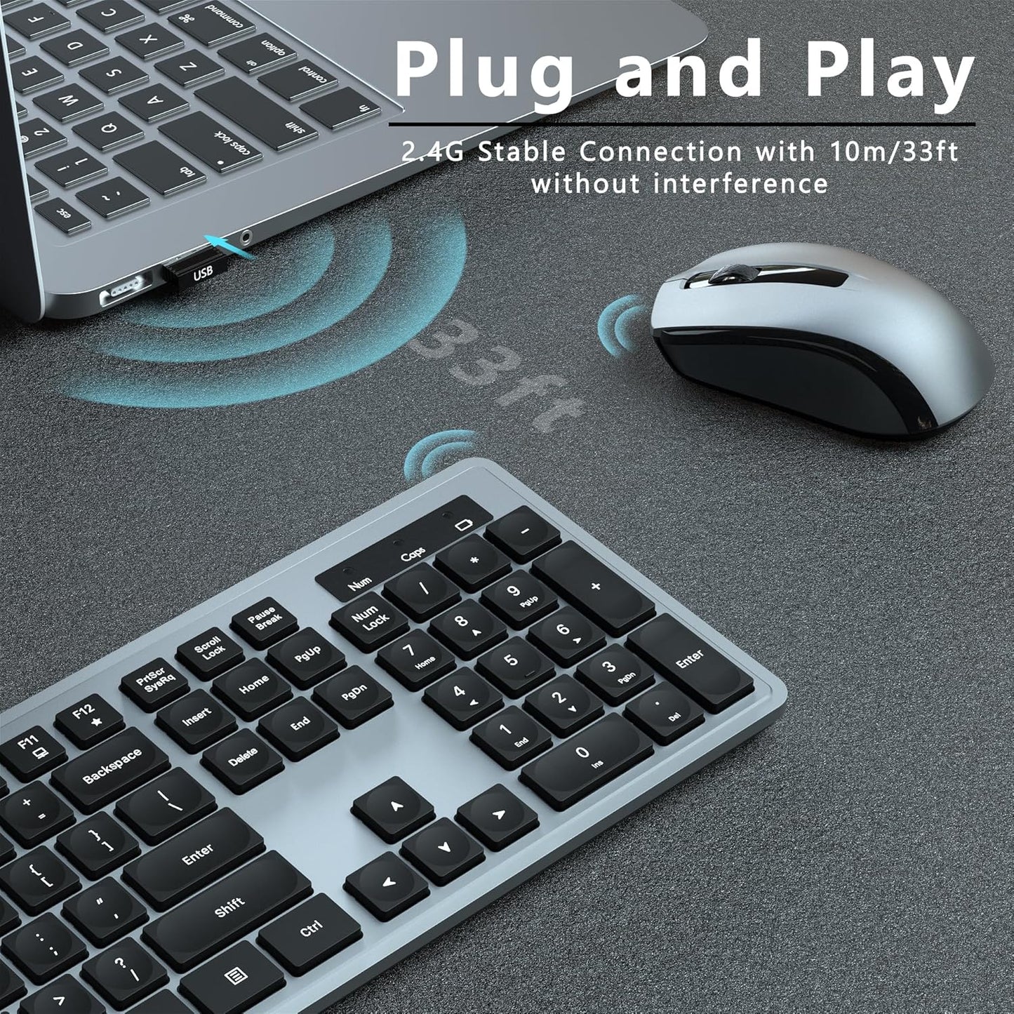 Wireless Keyboard and Mouse Combo, COVEVA 2.4GHz Wireless Keyboard Mouse with USB Receiver, Water-Dropping Keycaps, 104 Keys Full Size with Number Pad for PC Laptop Computer Desktop(Black Gray)
