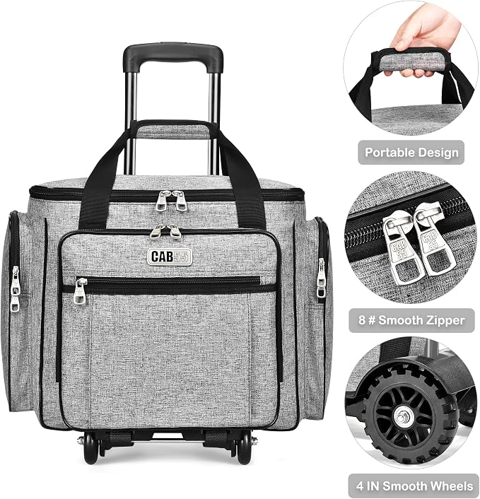CAB55 Rolling Craft Bag, Tote Bag with Wheels for Women, Rolling Teacher Bag with Removable Folding Hand Truck (Grey)