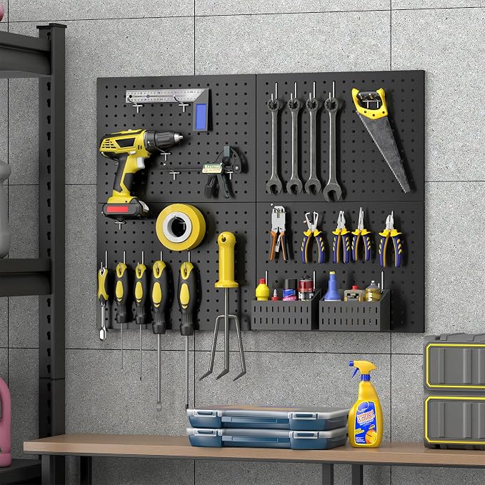 4-Pack Heavy-Duty Metal Pegboard Organizer Kit - 16"x12" Black Steel Wall Control Panels with 8 Hooks for Garage Tools, Craft Rooms, and Home Office Storage