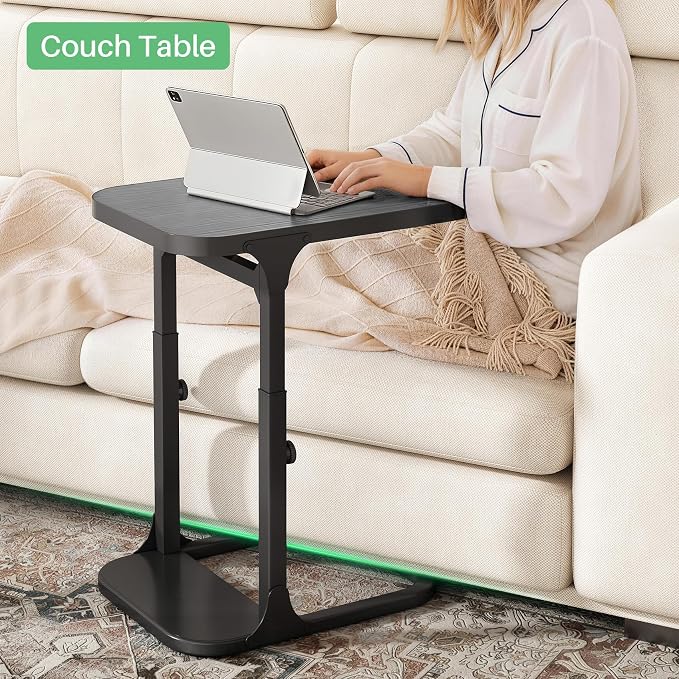 Kitstorack Height Adjustable End Table, Small Side Table for Couch, Sofa Table with Metal Frame for Living Room, Bedroom, Bedside C Shaped Table,Gray