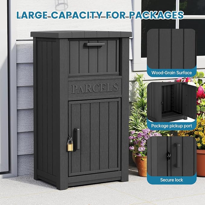 Package Delivery Box for Outside, Large Lockable & Weatherproof Anti-Theft Large Parcel Drop Box for Porch, Curbside, House Storage, Classic Black(60 Gallon)