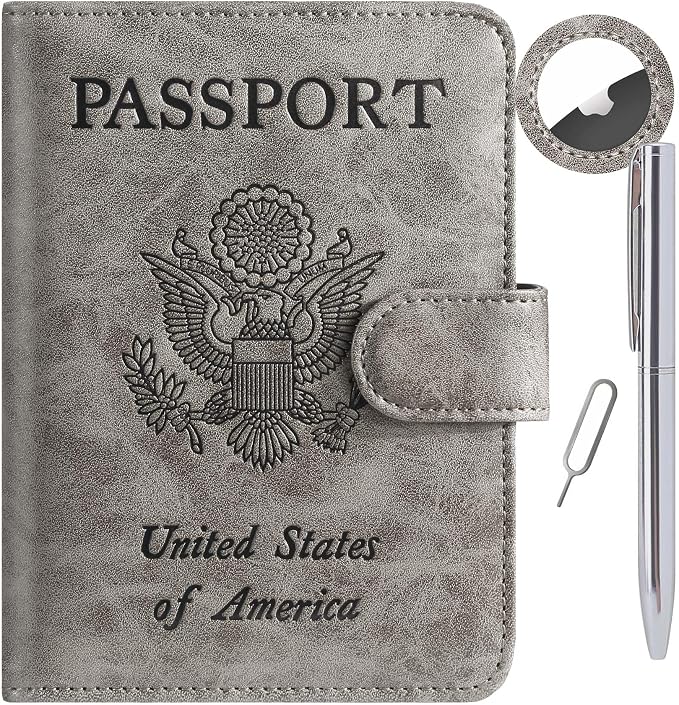 Airtag Passport Holder Cover Wallet RFID Blocking Leather Case Travel Essentials Luggage Accessories Travel Must Have(118#Grey)