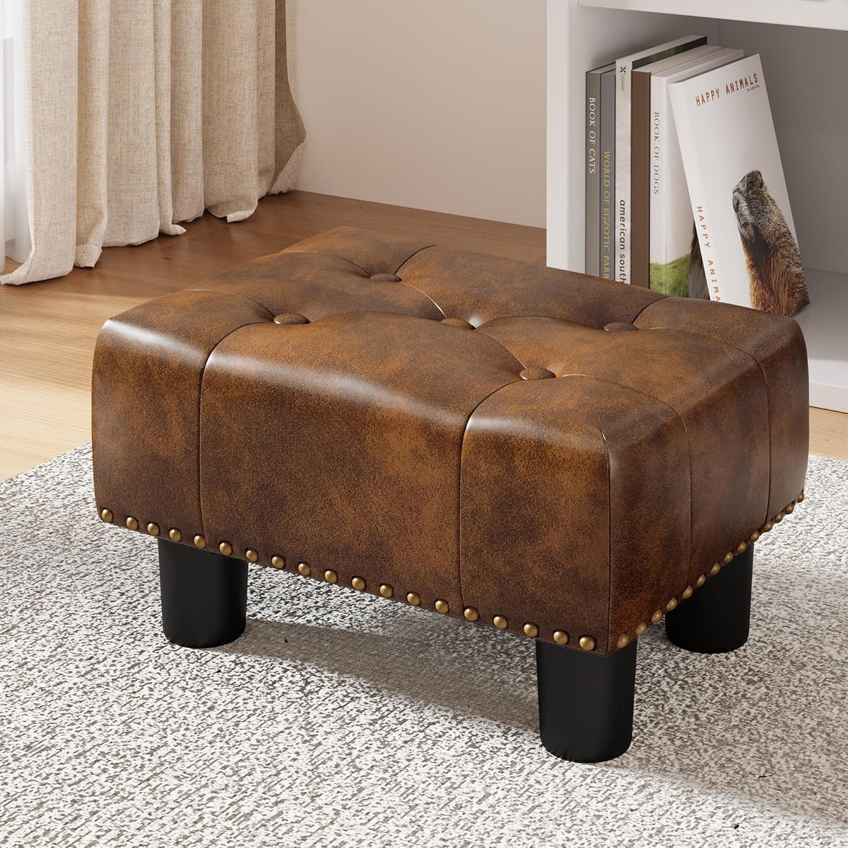 LUE BONA Small Tufted Foot Stool, Yellowish Brown Rivet Faux Leather Footrest with Plastic Legs, 9''H, Rectangle Foot Stools for Adult with Non-Slip Pads, Sofa Footstool for Living Room, Couch