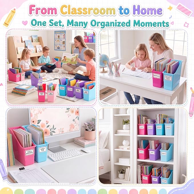 Blosssound 6 Set Book Bins for Classroom with Label Sticker Book Box Baskets Plastic Stackable Organizing Bins Storage & Organization for Classroom Library Home School Supplies (Purple Pastel)