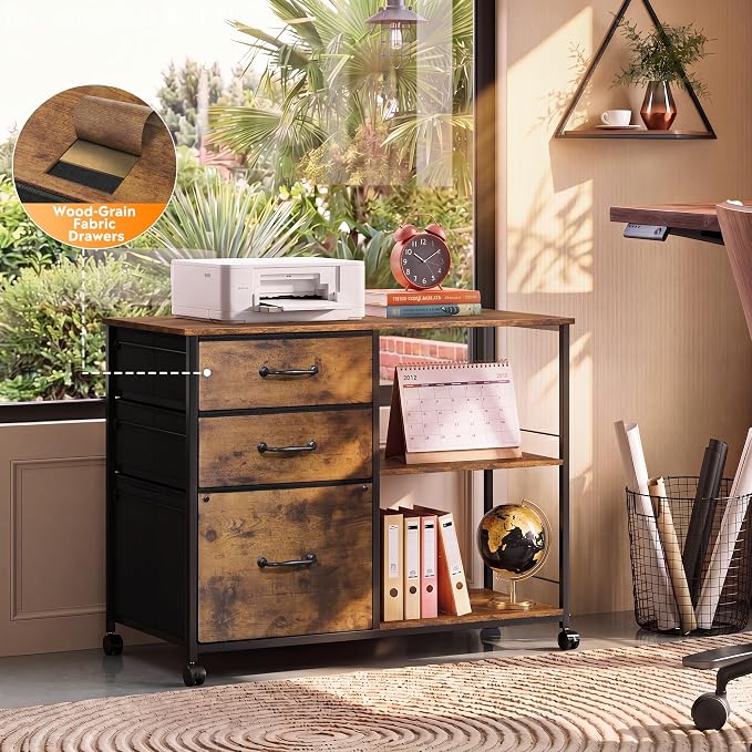 DEVAISE 3 Drawer Mobile File Cabinet with Open Storage Shelf | Rolling Printer Stand, Fabric Lateral Filing Cabinet fits A4 or Letter Size for Home Office, Rustic Brown Wood Grain Print